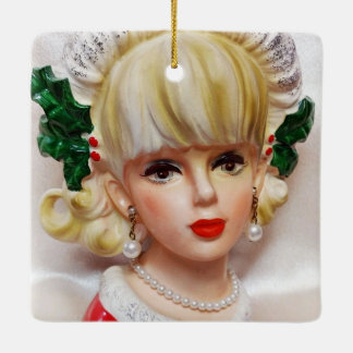 Lovely Christmas Girl Head Vase Holly and Fur Ceramic Ornament