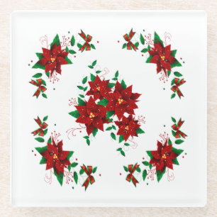 Lovely Christmas Red Flowers Glass Coaster