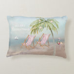 Lovely Christmas Watercolor Beach Scene  Accent Pillow<br><div class="desc">Watercolor Beach -- peaceful and gentle scene with two beach chairs and your flamingo "dressed" for the holiday -- lovely as an accent pillow for you to have or perfect as a gift. Leave the message or personalize. Any design questions just send a chat or an email to charmdesignstudio@rcn.com and...</div>