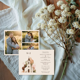 Lovely Church Watercolor 3-Photo Collage Wedding  Invitation