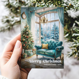 Lovely classic Christmas interior with festive Holiday Card