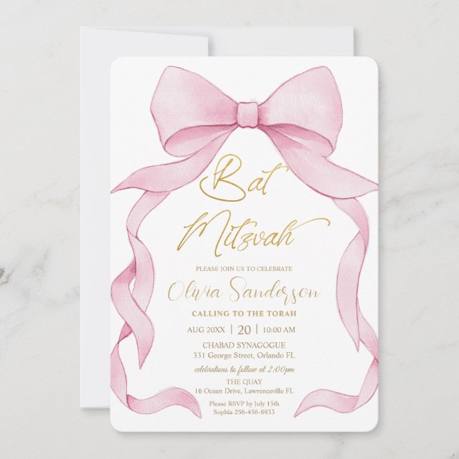 Lovely Coquette Pink Ribbon Bows Bat Mitzvah  Invitation (Front)