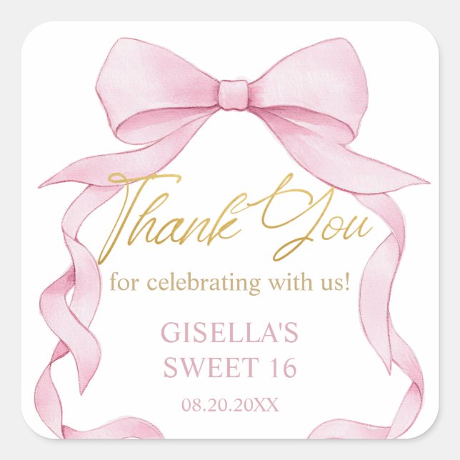 Lovely Coquette Pink Ribbon Bows Sweet Sixteen 16 Square Sticker (Front)