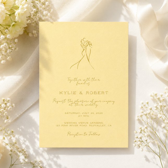 Lovely Couple Drawn Script Butter Yellow Wedding Invitation (Creator Uploaded)