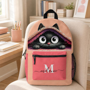 Lovely Cute Black Kitten Peach Pink Custom Name Printed Backpack