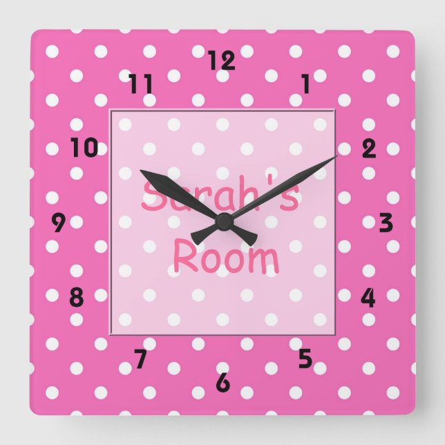 Lovely, cute customize, personal pink polka dots square wall clock (Front)
