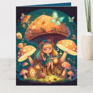 Lovely cute elves play under mushrooms card