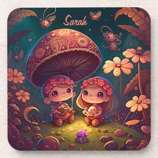Lovely cute elves play under mushrooms      coaster (Front)