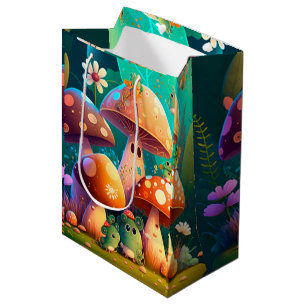 Lovely cute elves play under mushrooms    gift bag
