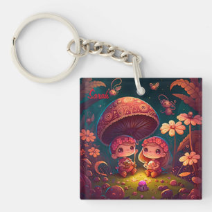 Lovely cute elves play under mushrooms keychain