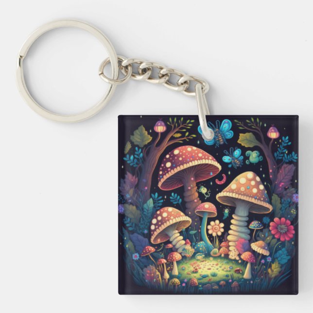 Lovely cute elves play under mushrooms       keychain (Front)