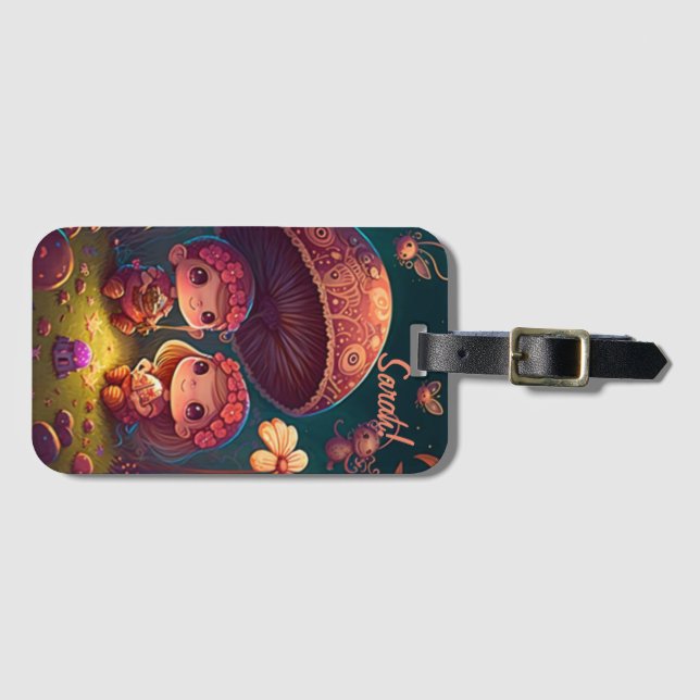 Lovely cute elves play under mushrooms          luggage tag (Front Horizontal)