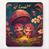 Lovely cute elves play under mushrooms            