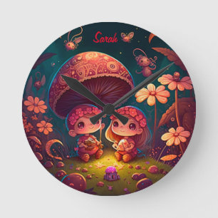 Lovely cute elves play under mushrooms     round clock