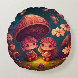 Lovely cute elves play under mushrooms     round p pillow
