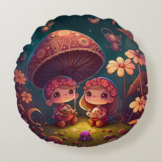 Lovely cute elves play under mushrooms     round p pillow (Front)