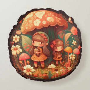 Lovely cute elves play under mushrooms     round p pillow