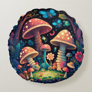 Lovely cute elves play under mushrooms     round p pillow