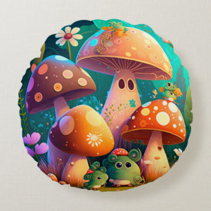 Lovely cute elves play under mushrooms round p pillow