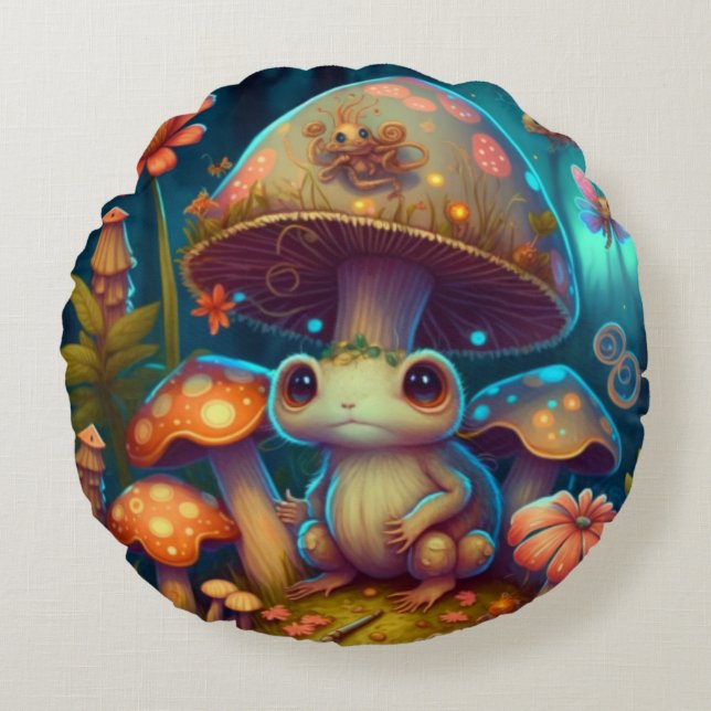 Lovely cute elves play under mushrooms     round p pillow (Front)