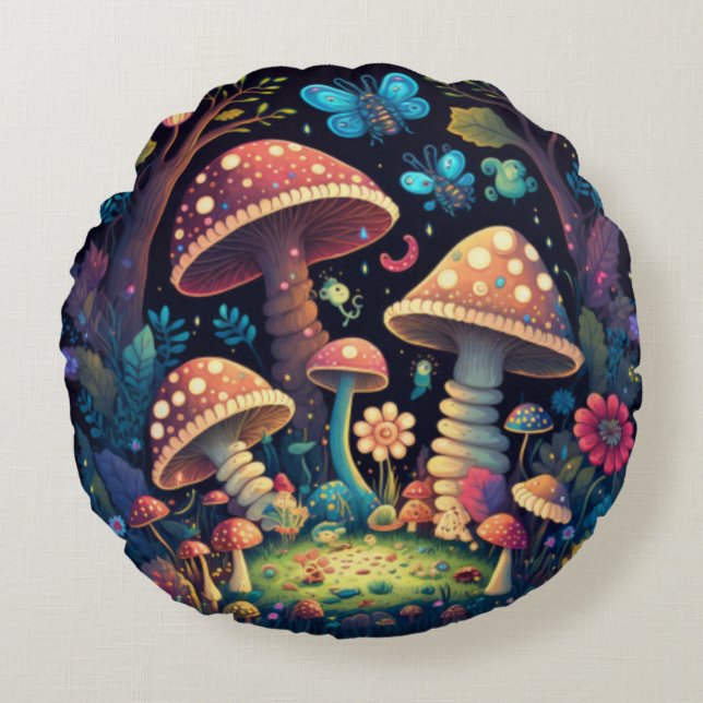 Lovely cute elves play under mushrooms     round p round pillow (Front)