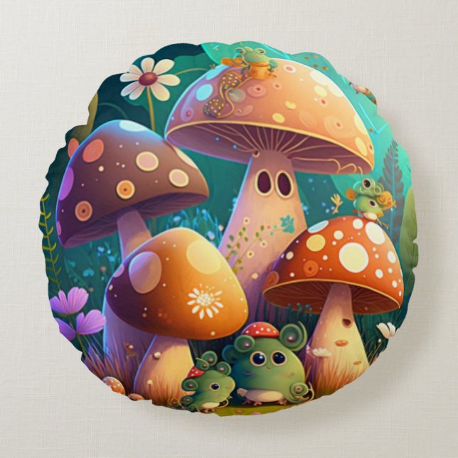 Lovely cute elves play under mushrooms     round p round pillow (Front)