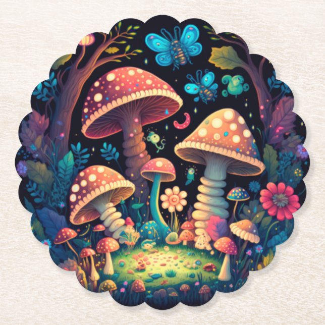 Lovely cute elves play under mushrooms  round pill paper coaster (Front)