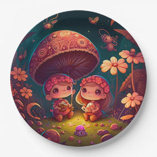 Lovely cute elves play under mushrooms round pill paper plate