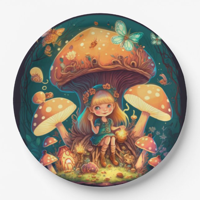 Lovely cute elves play under mushrooms  round pill paper plate (Front)