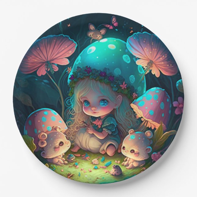 Lovely cute elves play under mushrooms  round pill paper plate (Front)