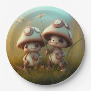 Lovely cute elves play under mushrooms  round pill paper plate