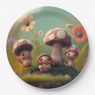Lovely cute elves play under mushrooms round pill paper plate