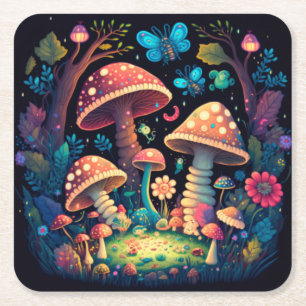 Lovely cute elves play under mushrooms  round pill square paper coaster