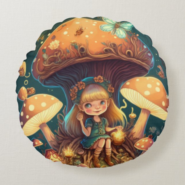 Lovely cute elves play under mushrooms     round pillow (Front)
