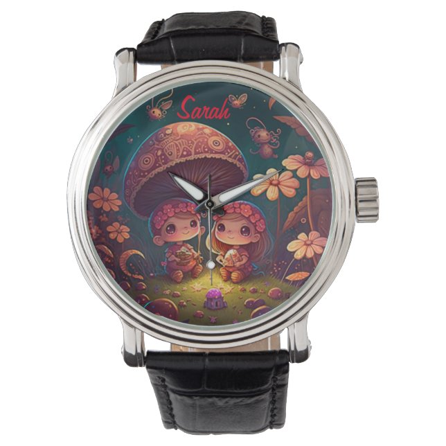 Lovely cute elves play under mushrooms   watch (Front)
