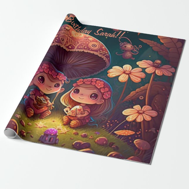 Lovely cute elves play under mushrooms         wrapping paper (Unrolled)
