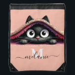 Lovely Cute Kitten Custom Monogram Script Name Drawstring Bag<br><div class="desc">Add an extra dose of charm to your child's everyday adventures with this Lovely, Cute Kitten Custom Monogram Drawstring Bag. Featuring a wide-eyed kitty peeking adorably from inside the zipper, this bag is available in multiple stylish colours to suit every personality. Personalize it with a monogram or script name for...</div>