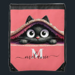 Lovely Cute Kitten Custom Monogram Script Name Drawstring Bag<br><div class="desc">Add an extra dose of charm to your child's everyday adventures with this Lovely, Cute Kitten Custom Monogram Drawstring Bag. Featuring a wide-eyed kitty peeking adorably from inside the zipper, this bag is available in multiple stylish colours to suit every personality. Personalize it with a monogram or script name for...</div>