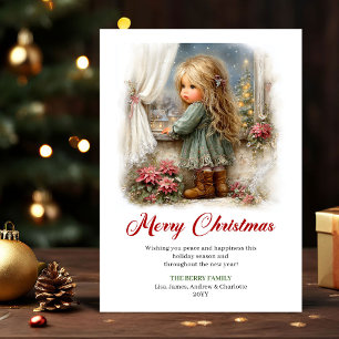 Lovely Cute Little Girl Christmas Scene Greeting Holiday Card