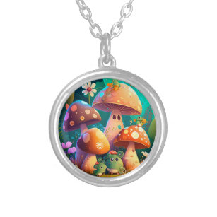 Lovely cute mushrooms    silver plated necklace
