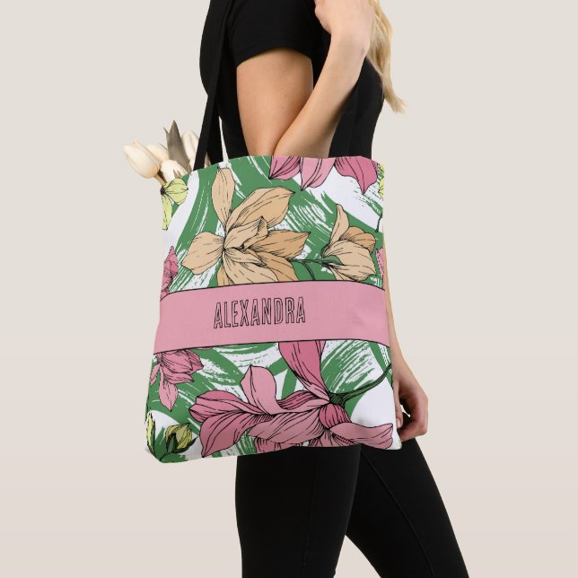 Lovely cute pink and green floral monogram tote bag (Close Up)