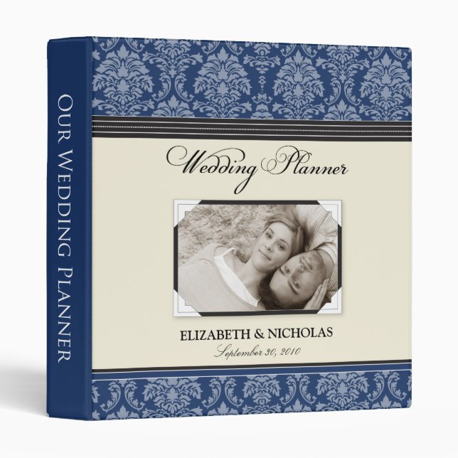 Lovely Damask Wedding Planner Binder (navy) (Front/Spine)