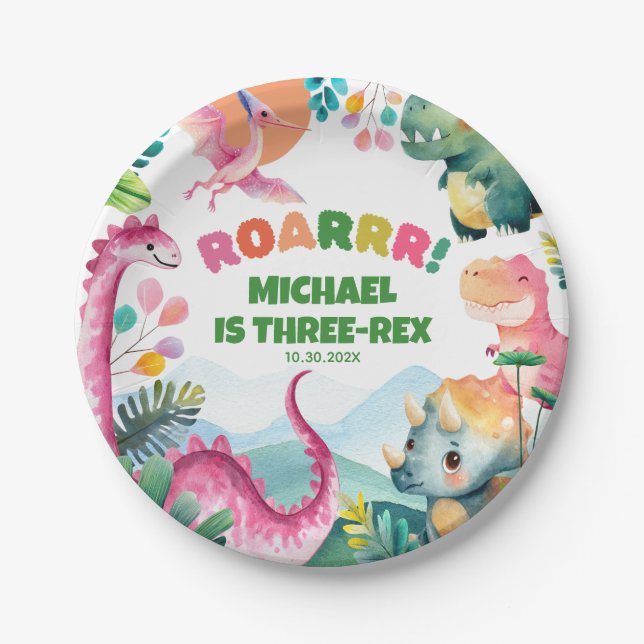 Lovely Dinosaur Dig Prehistoric Kids 3rd Birthday  Paper Plate (Front)