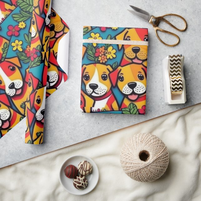 Lovely dogs colourful dogs pet vibes Wrapping Pape Wrapping Paper (Crafts)