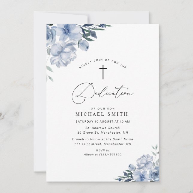 lovely dusty blue floral dedication invitation (Front)
