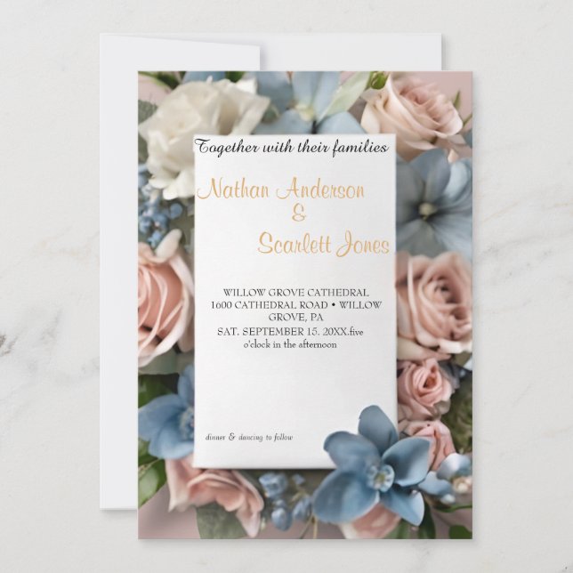 lovely dusty blue floral wedding invitation (Front)