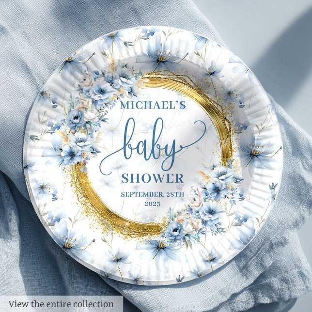 Lovely dusty blue flowers gold boho personalized   paper plate (Lovely dusty blue flowers gold boho personalized Paper Plates)