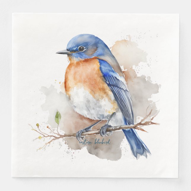Lovely Eastern Bluebird Orange Blue Watercolor Napkin (Front)