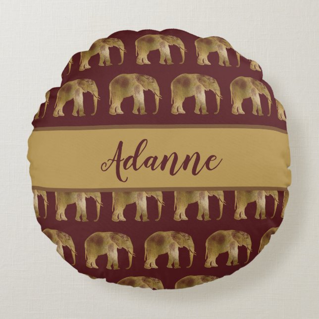 Lovely Elephants Burgundy and Gold Round Pillow (Front)