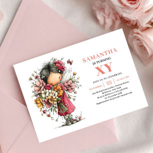 Lovely Fairy Girl 7th Birthday Pink Floral invite